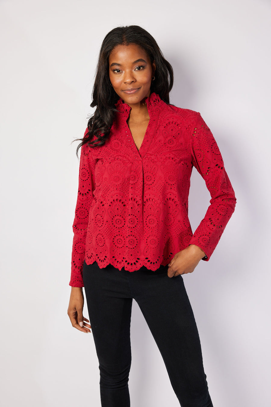 Red Eyelet Scalloped Hem Top