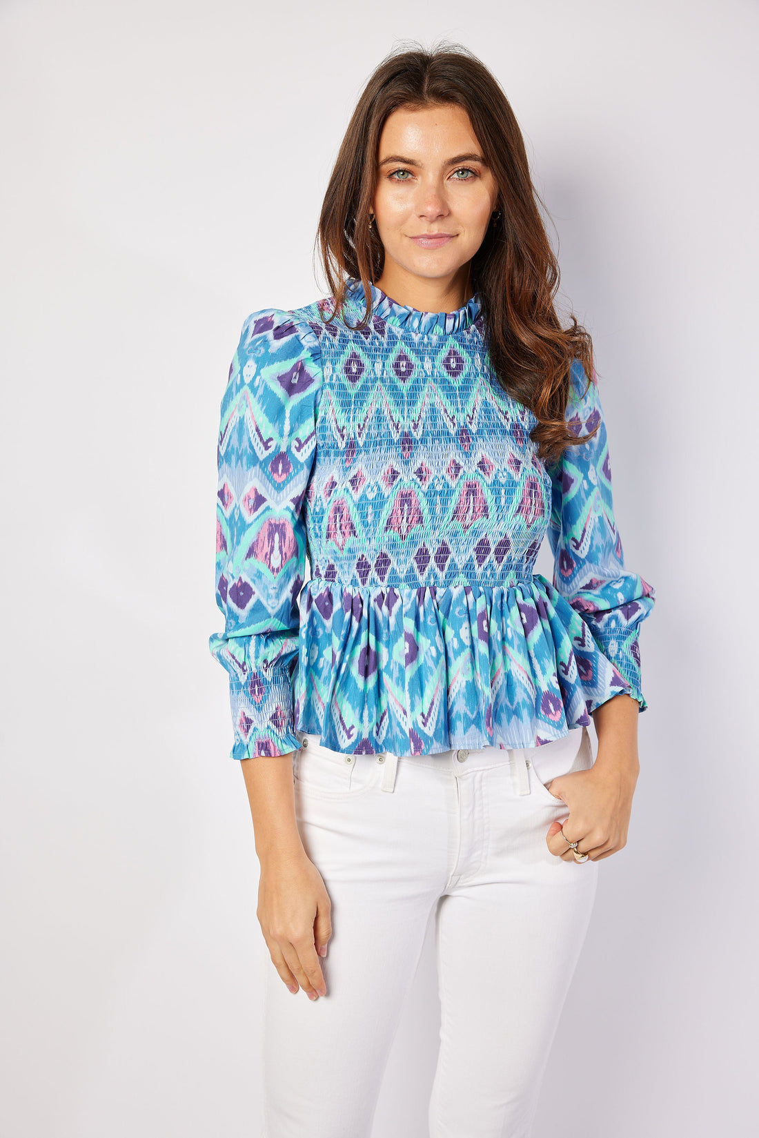 Aztec Ikat Smocked Peplum Top