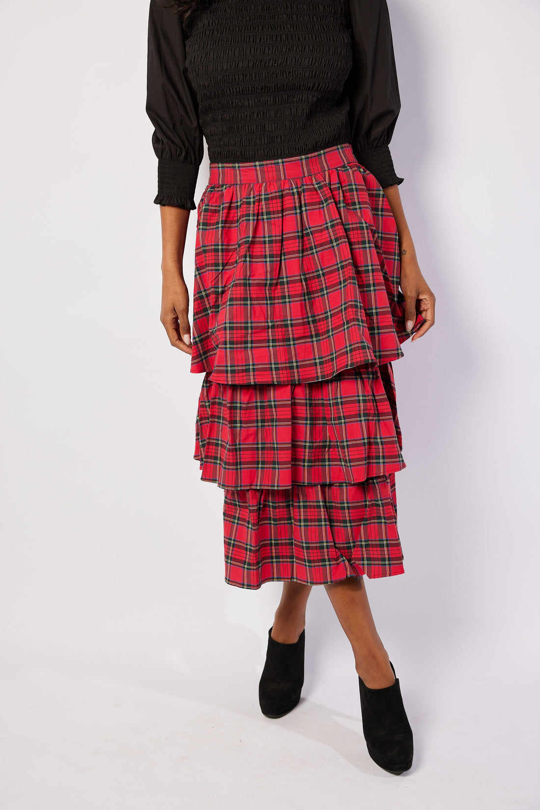 Red Plaid Tiered Midi Skirt