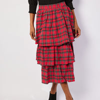 Red Plaid Tiered Midi Skirt