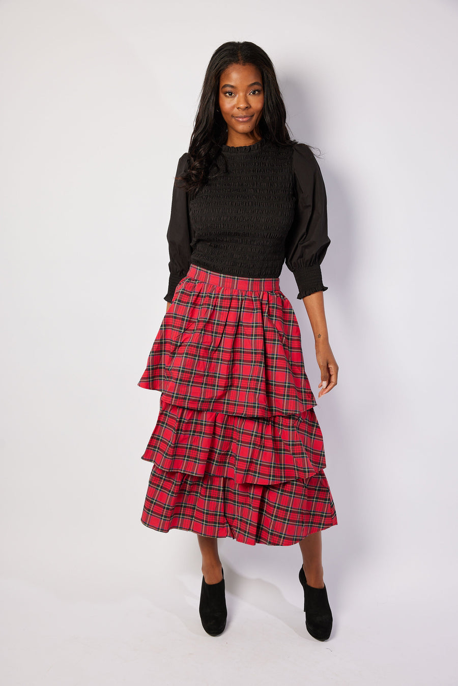 Red Plaid Tiered Midi Skirt