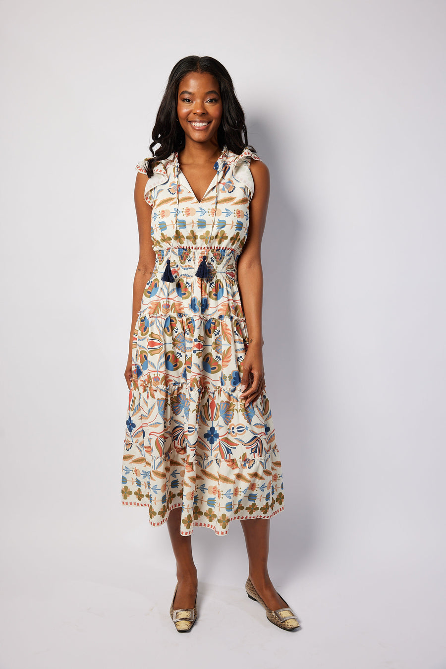 Geo Floral Smocked Waist Midi Dress
