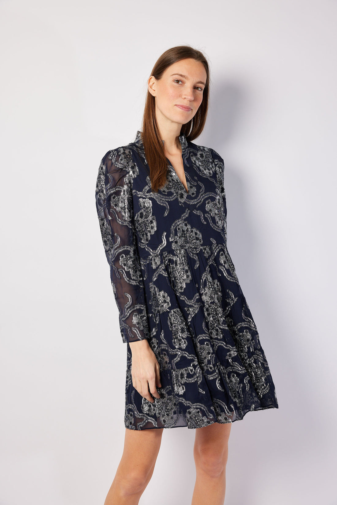 Navy Metallic Long Sleeve Tunic Flare Dress