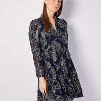Navy Metallic Long Sleeve Tunic Flare Dress