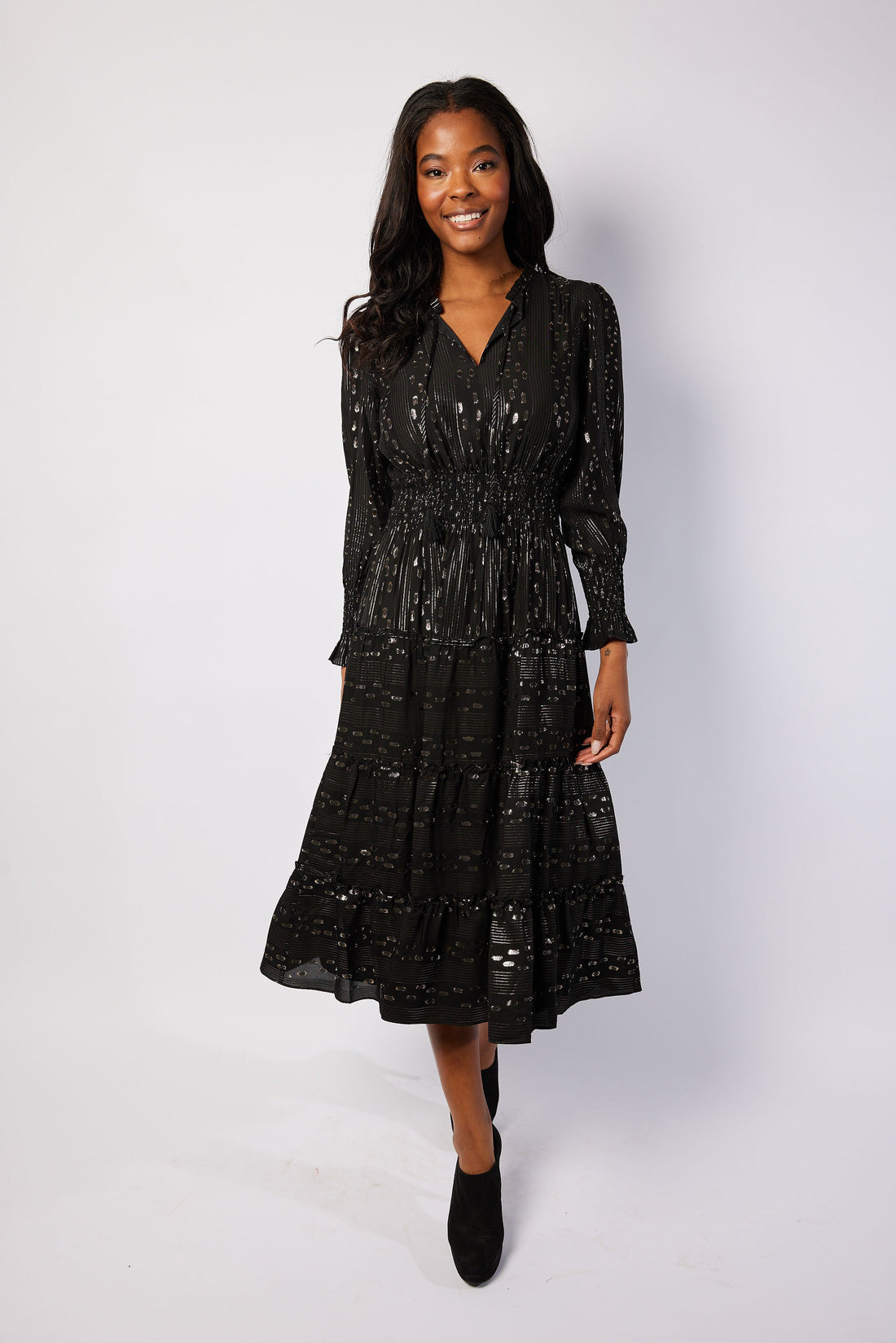 Black & Gold Lurex Smocked Waist Midi Dress