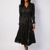 Black & Gold Lurex Smocked Waist Midi Dress