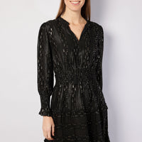 Black & Gold Lurex Smocked Waist Midi Dress