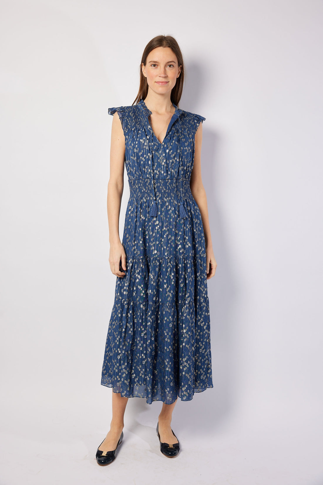 Navy Peony Lurex Smoked Waist Midi Dress