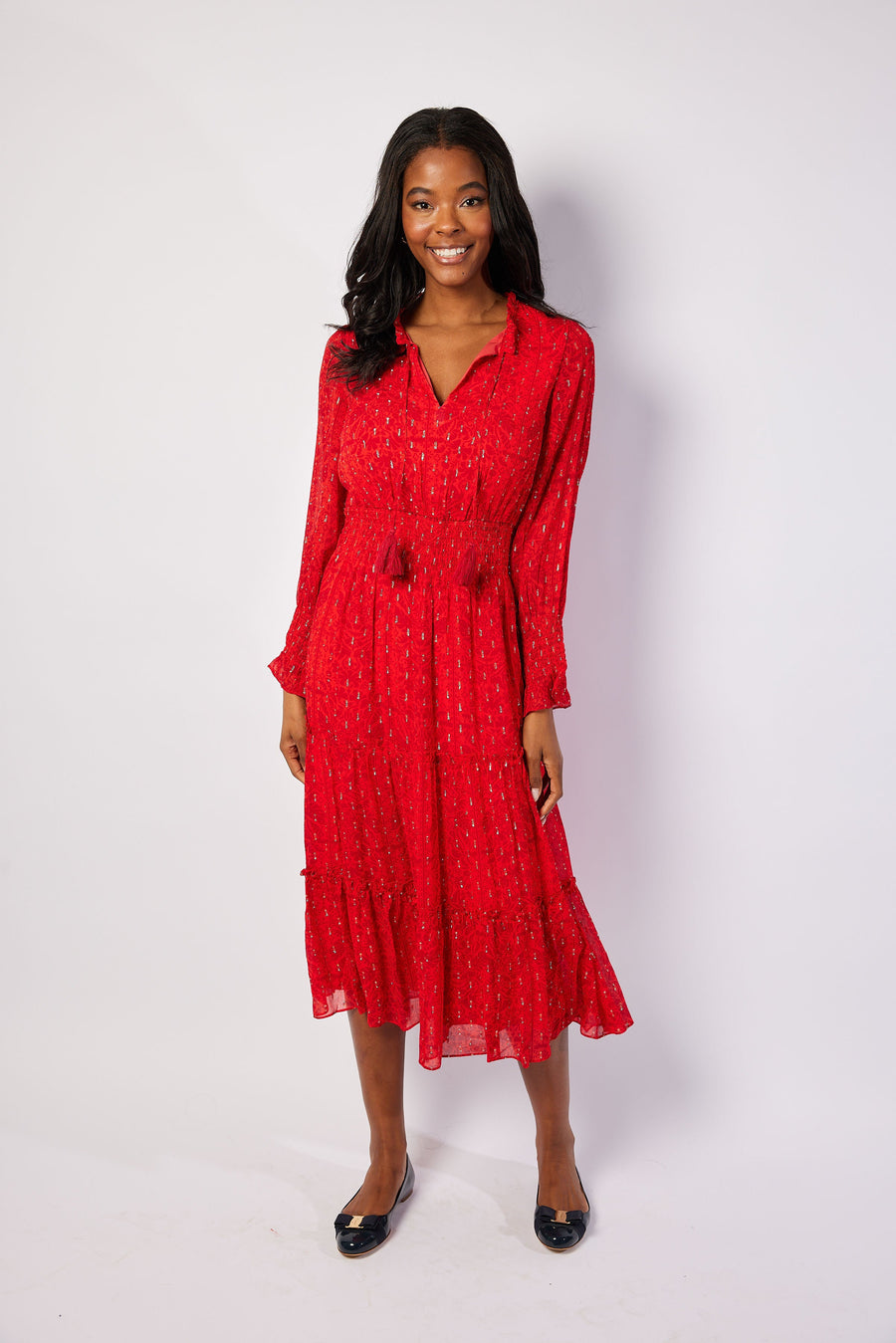 Red Lurex Long Sleeve Smocked Waist Midi Dress