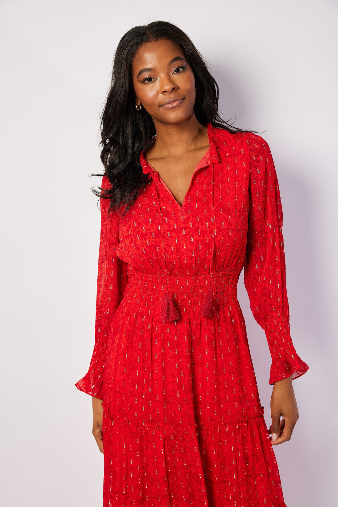Red Lurex Long Sleeve Smocked Waist Midi Dress