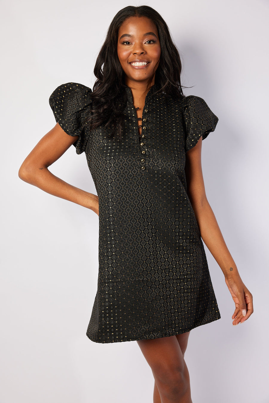 Black & Gold Jacquard Button Front Tunic Dress