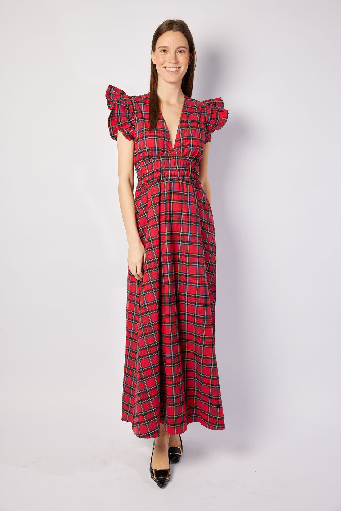 Red Plaid V-Neck Flutter Sleeve Maxi Dress
