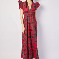 Red Plaid V-Neck Flutter Sleeve Maxi Dress
