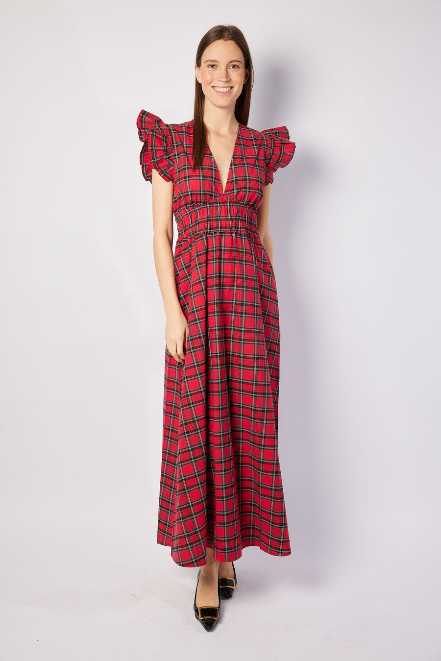 Red Plaid V-Neck Flutter Sleeve Maxi Dress
