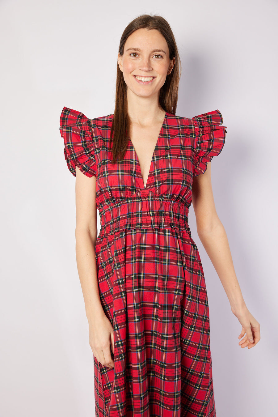 Red Plaid V-Neck Flutter Sleeve Maxi Dress