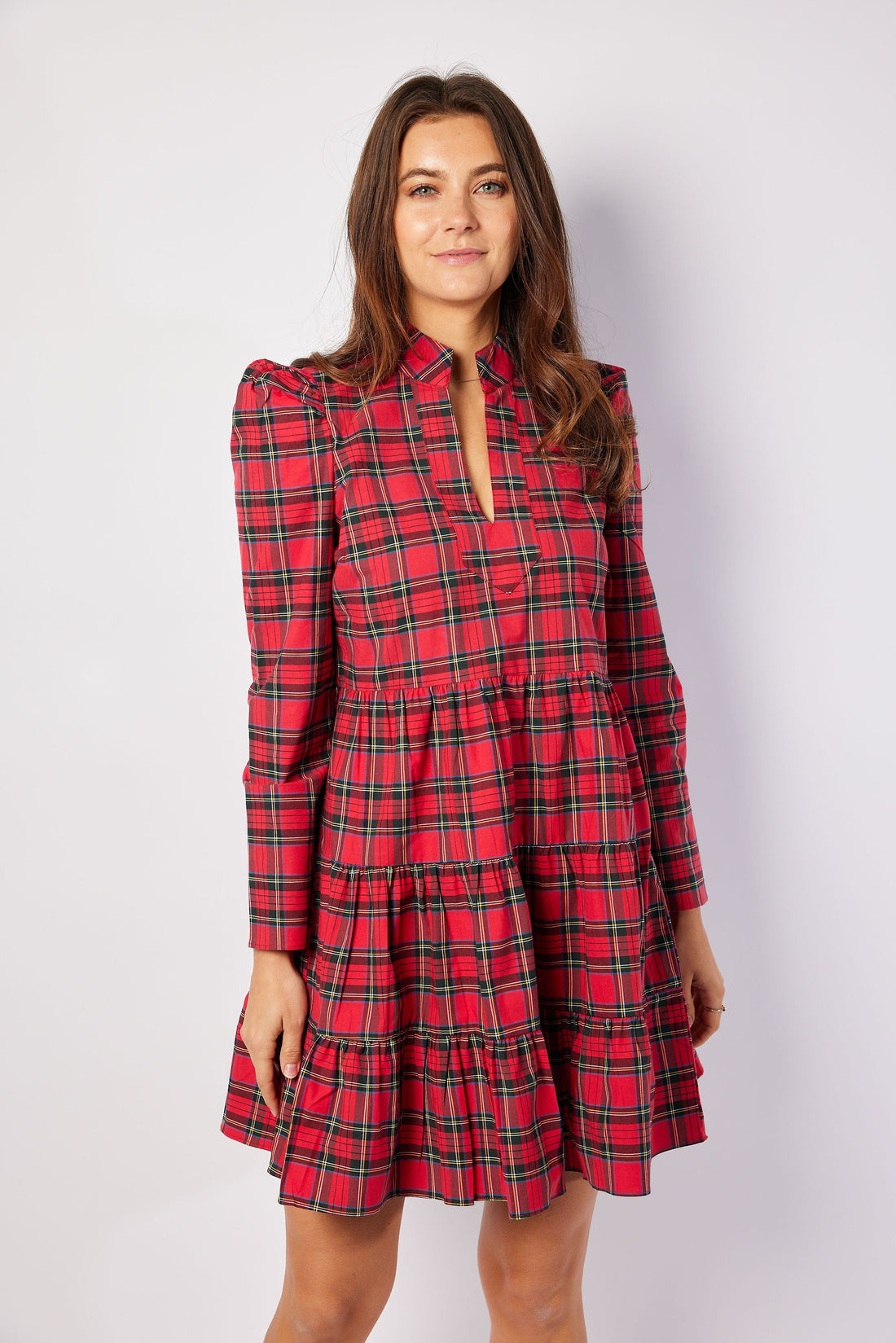 Red Plaid Long Sleeve Tunic Flare Dress