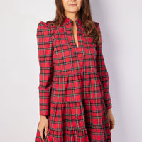 Red Plaid Long Sleeve Tunic Flare Dress
