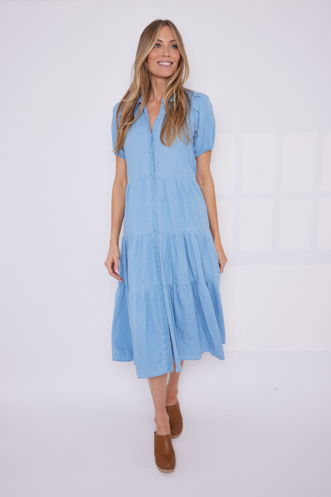 Chambray Puff Sleeve Button Front Midi