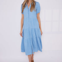 Chambray Puff Sleeve Button Front Midi