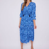 Blue Ikat Smocked Waist Midi Dress with Tassels