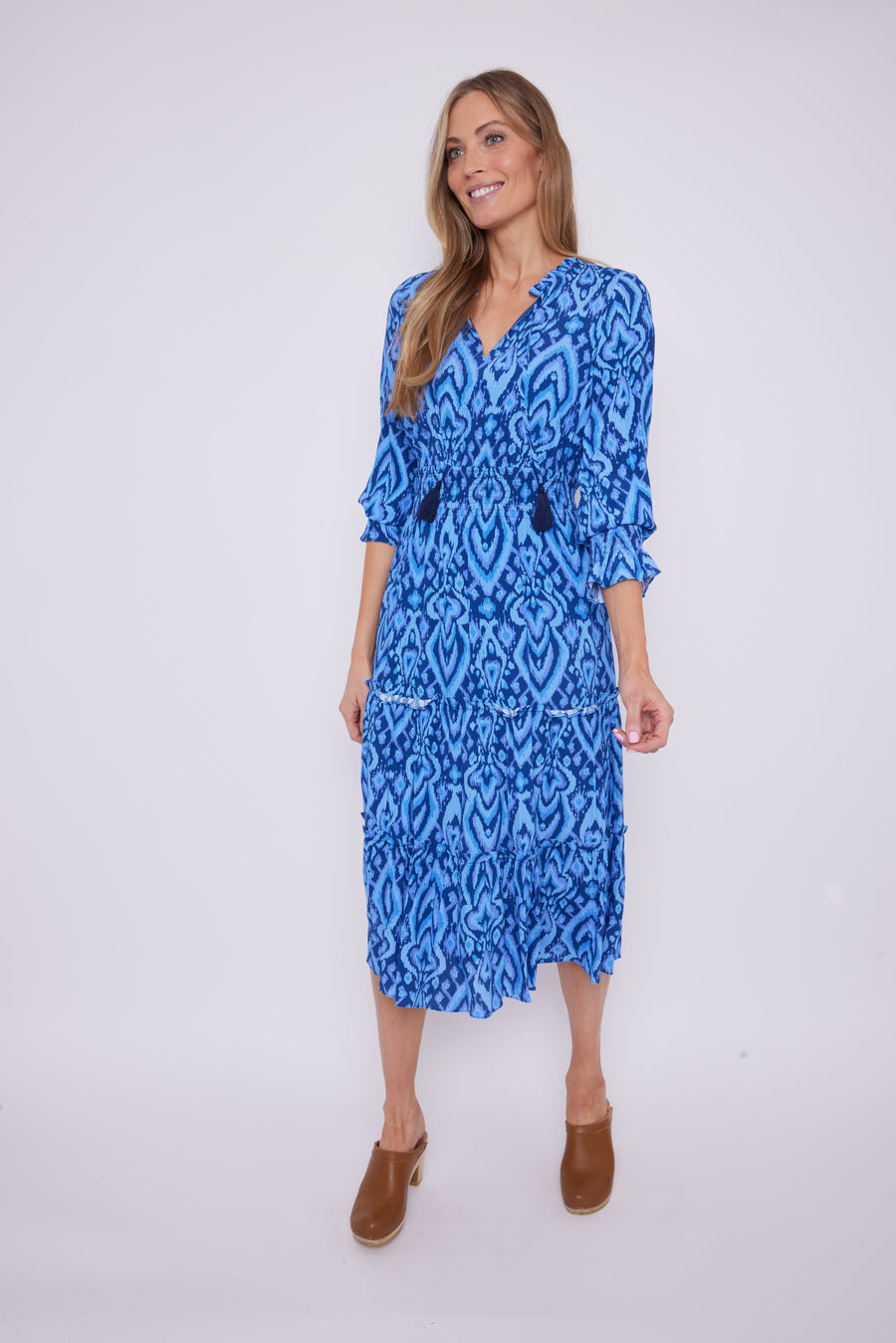 Blue Ikat Smocked Waist Midi Dress with Tassels