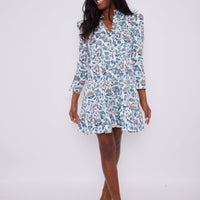 French Floral Long Sleeve Tunic Flare Dress