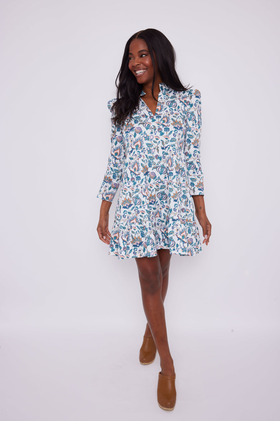 French Floral Long Sleeve Tunic Flare Dress