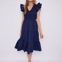 Navy Smocked Flutter Sleeve Midi Dress