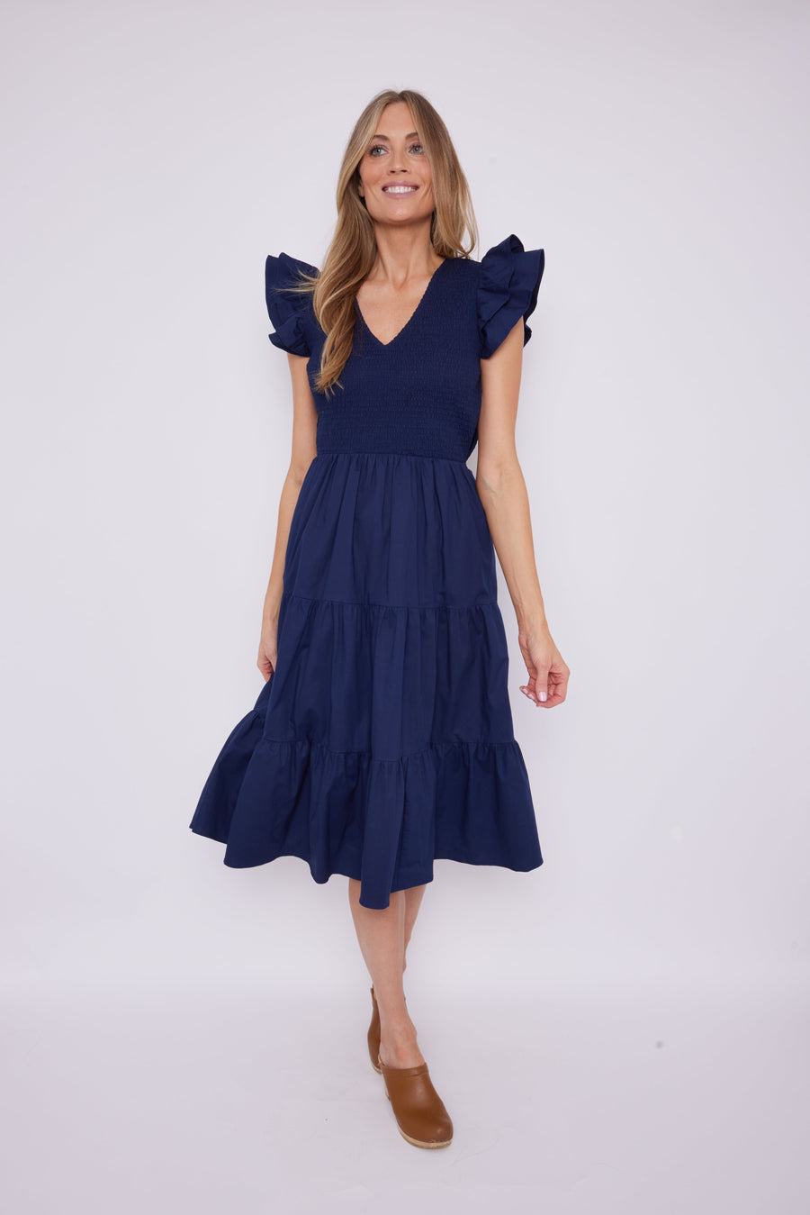 Navy Smocked Flutter Sleeve Midi Dress