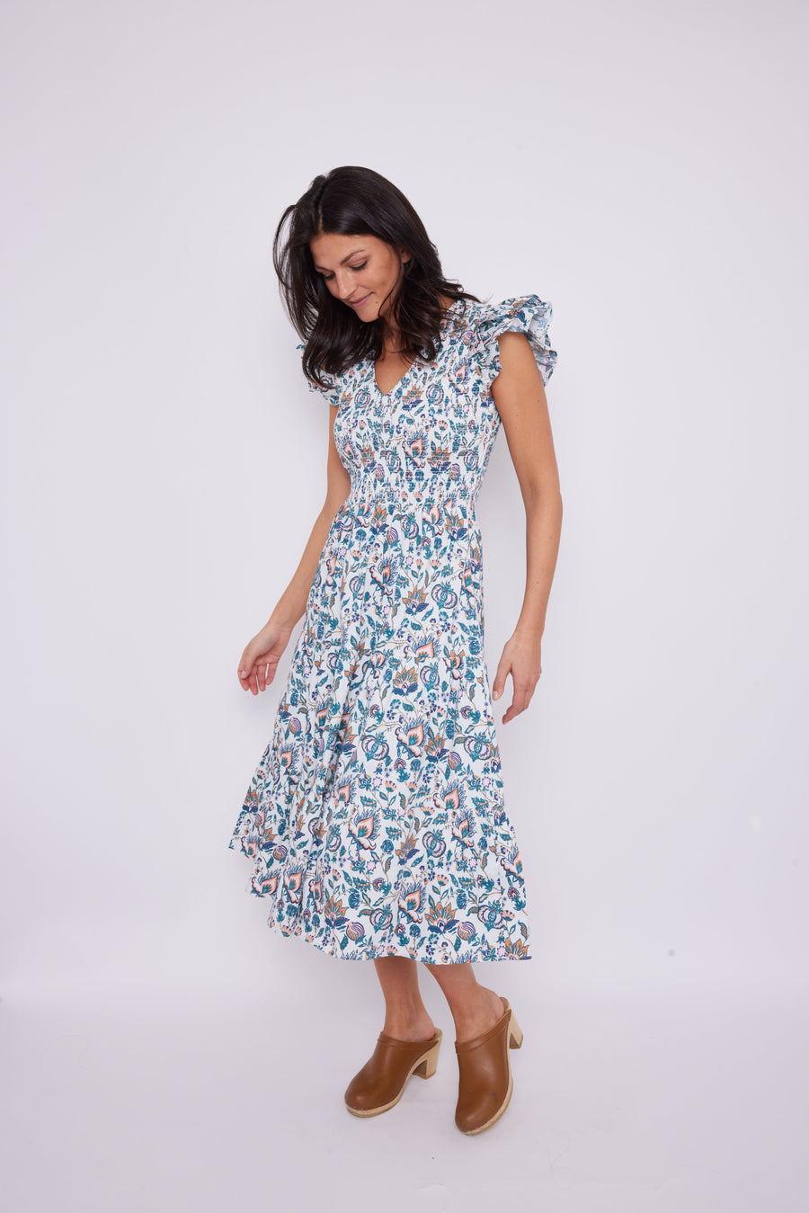 French Floral V-Neck Smocked Midi Dress