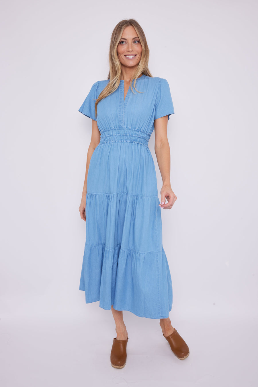 Chambray Cinched Waist Midi Dress