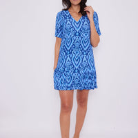 Blue Ikat Short Sleeve V-Neck Pleated Dress