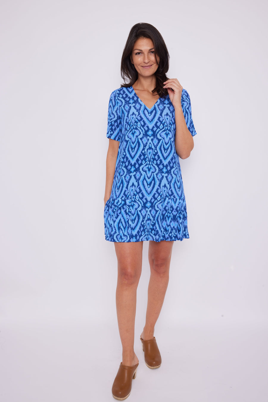 Blue Ikat Short Sleeve V-Neck Pleated Dress