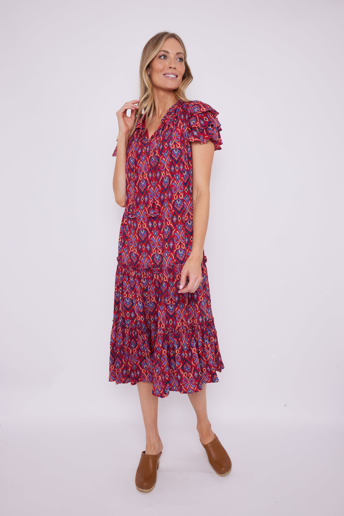 Crimson Ikat Ruffle Neck Midi with Tassels