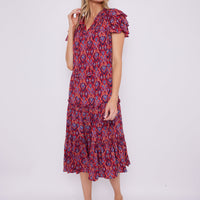 Crimson Ikat Ruffle Neck Midi with Tassels