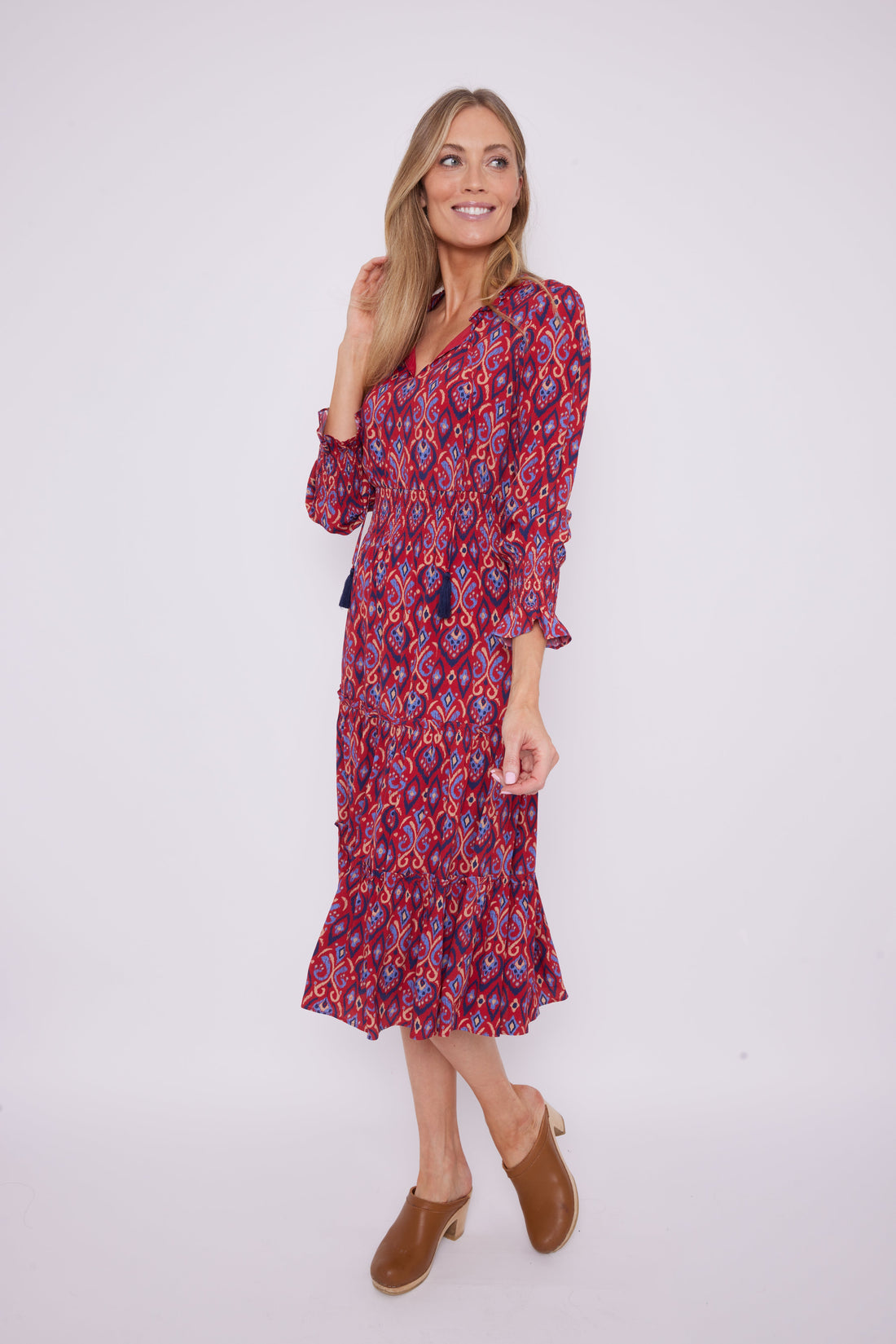 Crimson Ikat Smocked Waist Midi Dress