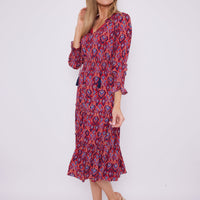 Crimson Ikat Smocked Waist Midi Dress