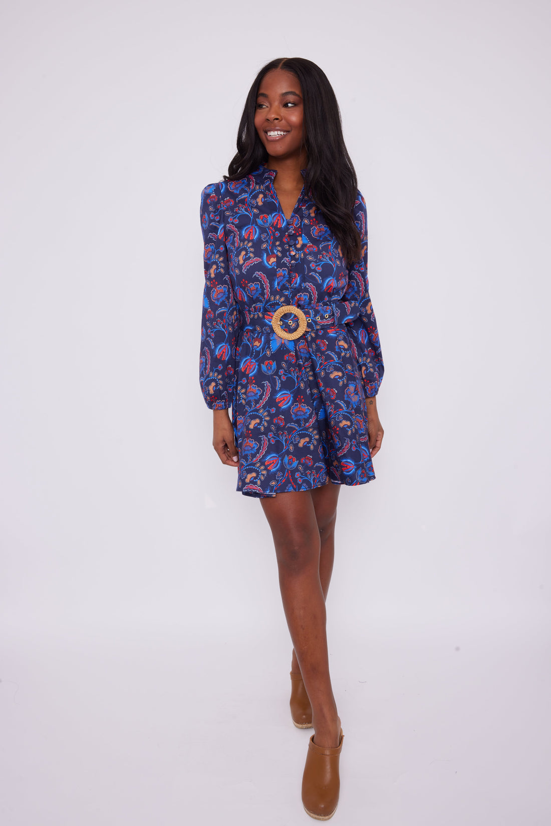 Aztec Floral Belted Long Sleeve Tunic Dress