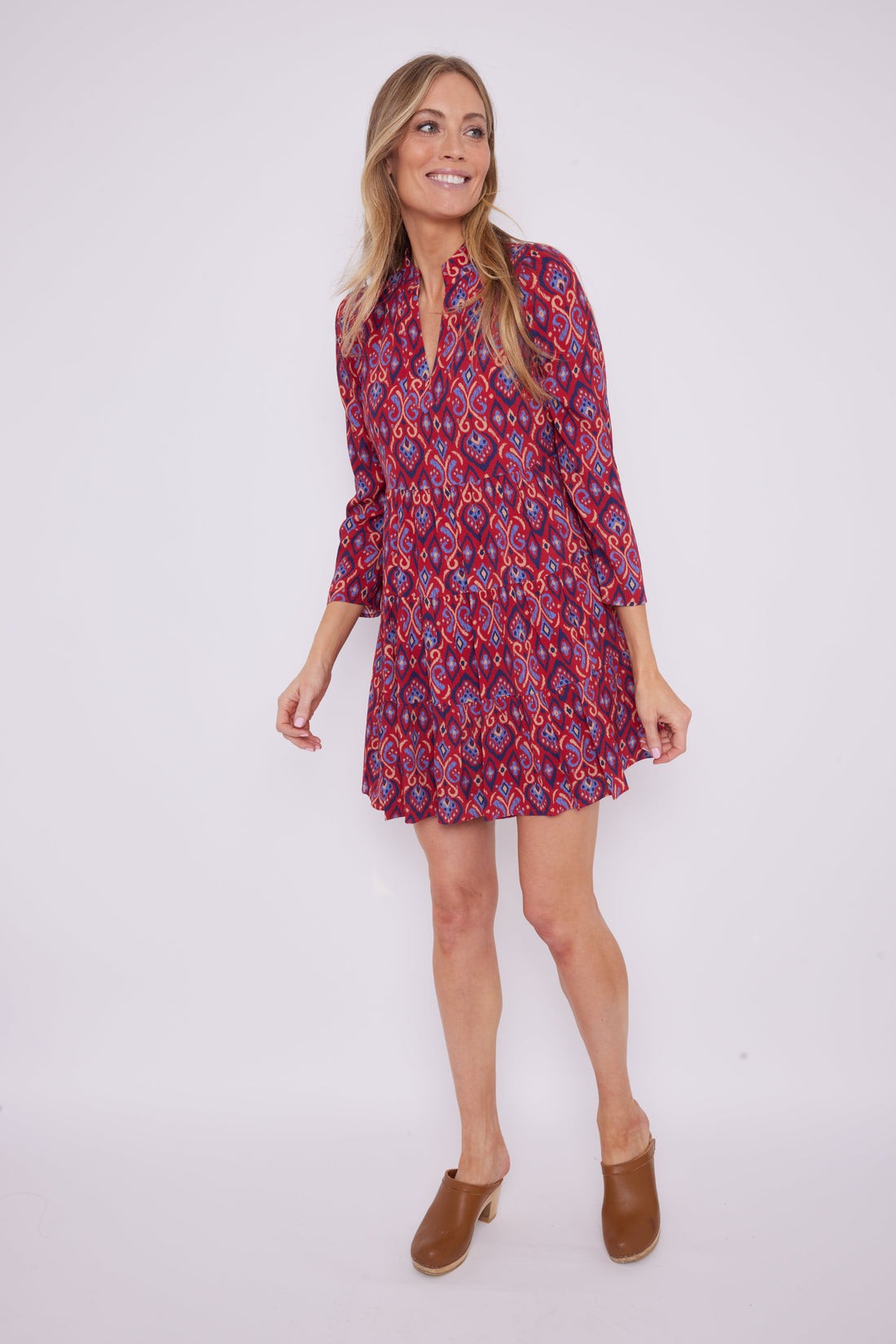 Crimson Ikat Long Sleeve Tunic Flare Dress