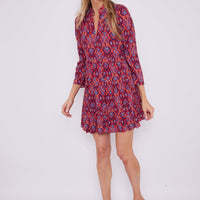 Crimson Ikat Long Sleeve Tunic Flare Dress