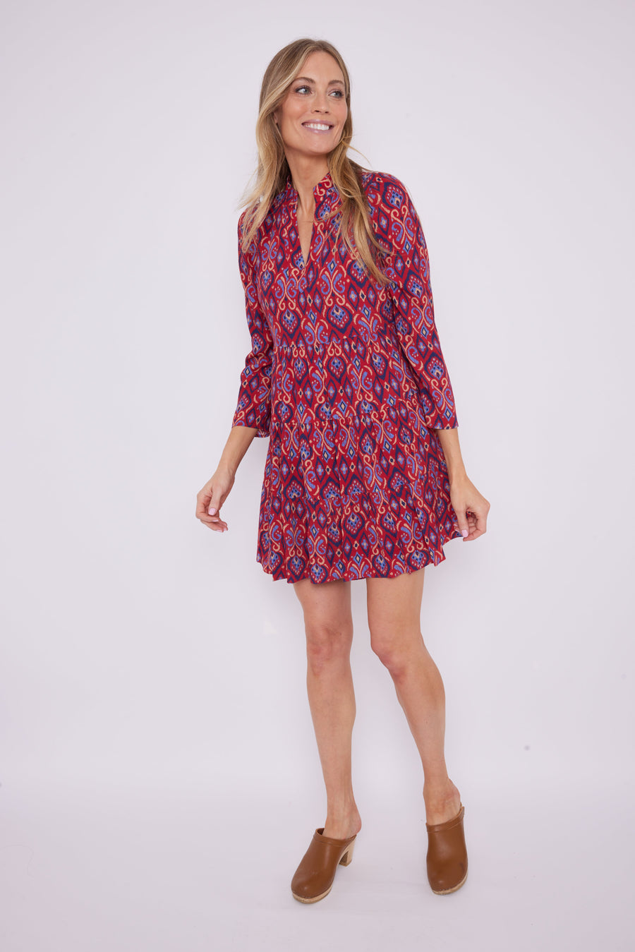 Crimson Ikat Long Sleeve Tunic Flare Dress