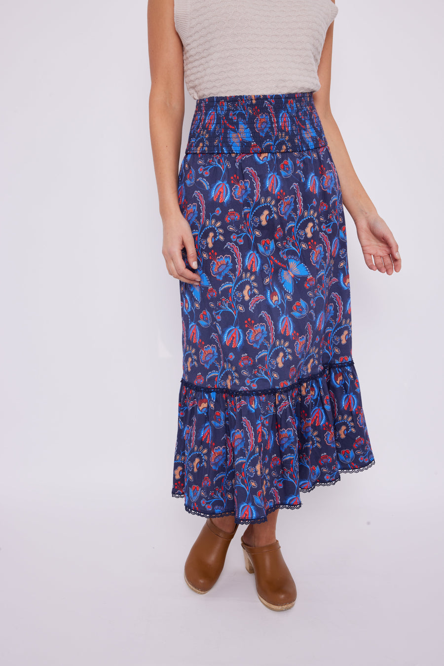 Aztec Floral Smocked Waist Midi Skirt