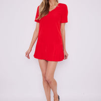 Red Short Sleeve V-Neck Pleated Dress