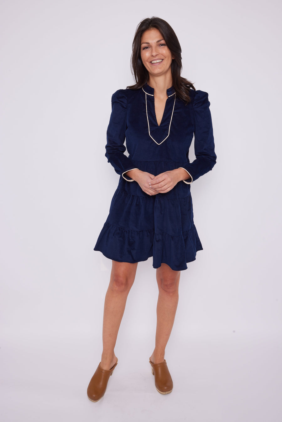 Navy Corduroy Long Sleeve Tunic Flare Dress