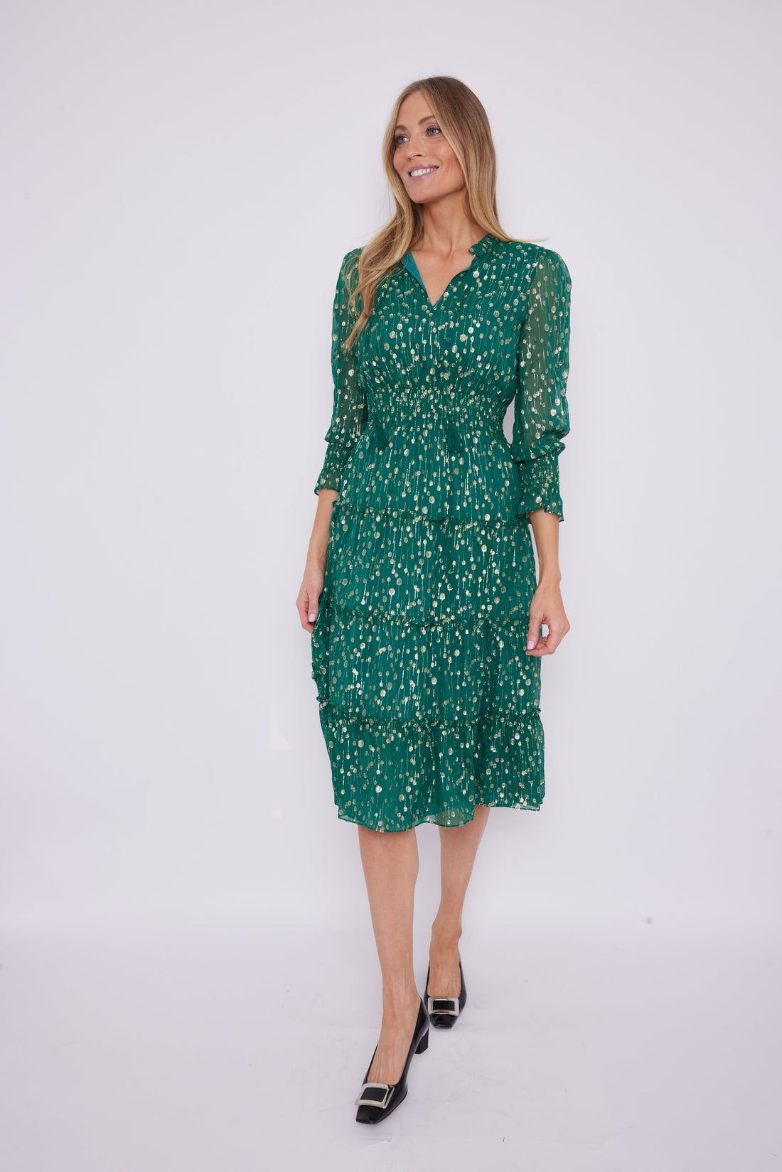 Hunter Green Smocked Waist Midi Dress