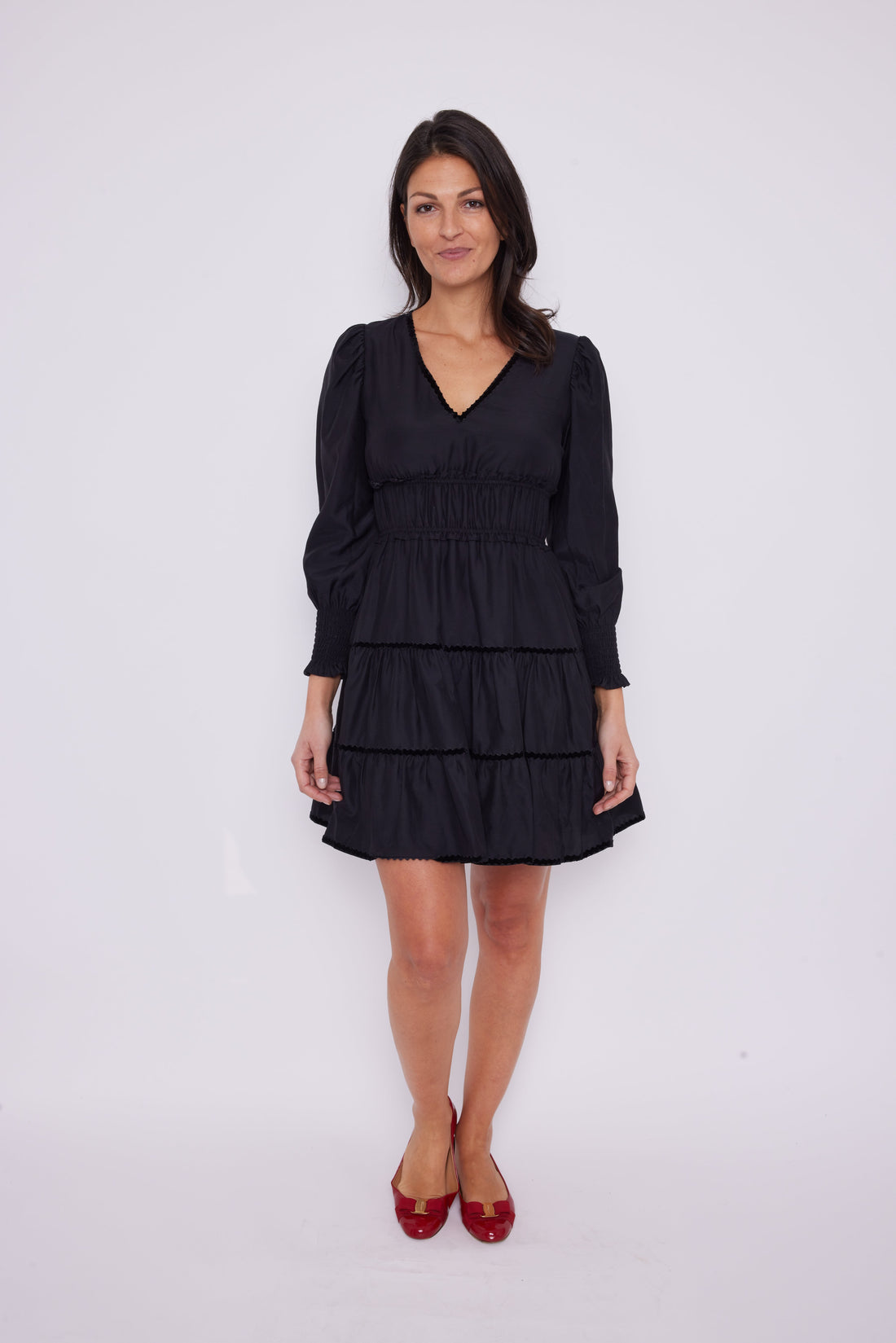 Black Long Sleeve Smocked Waist Dress