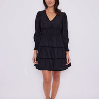 Black Long Sleeve Smocked Waist Dress