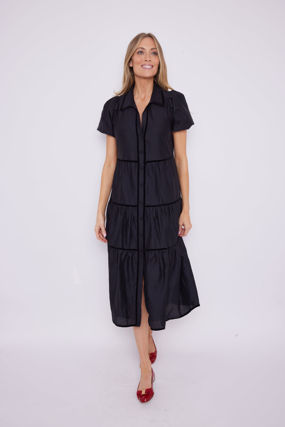 Black Puff Sleeve Midi Shirt Dress