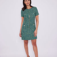 Green Multi Tweed Zip Front Dress