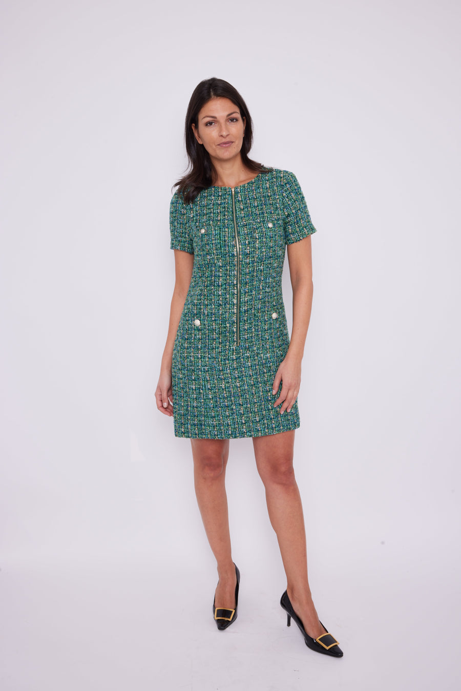 Green Multi Tweed Zip Front Dress